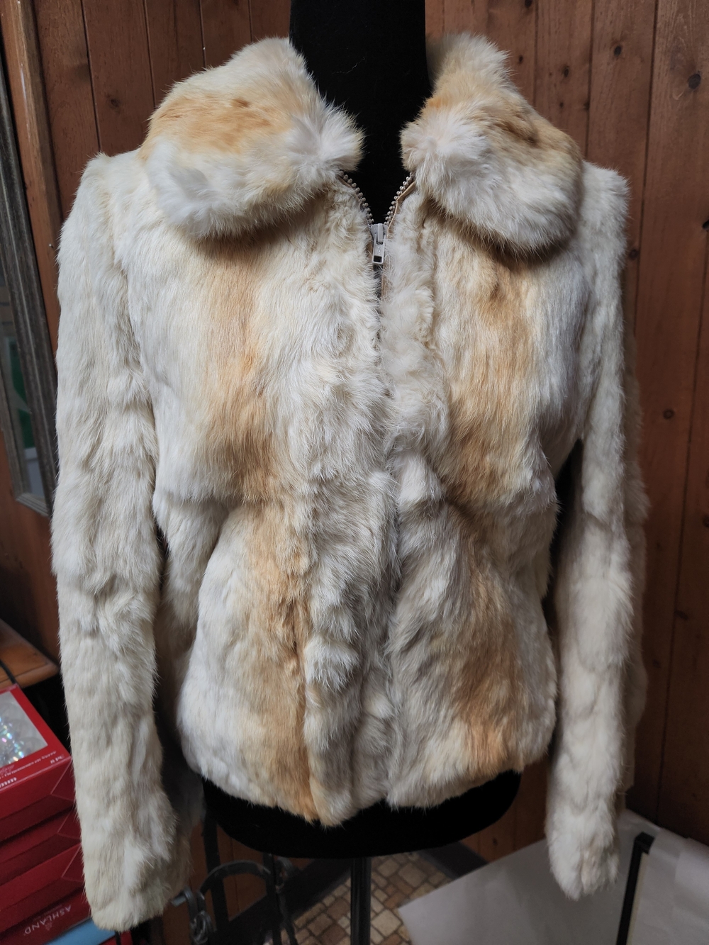 Women’s Rabbit Fur Zip-Front Jacket in Cream with Tan Accents